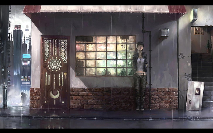girl wearing gray shirt standing beside building animated digital wallpaper, HD wallpaper