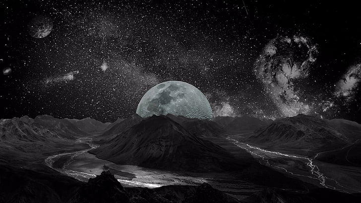 fantasy world, moon, black, universe, black and white, planet, HD wallpaper