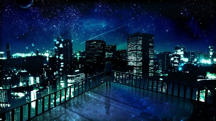 HD wallpaper: anime, night, city, starry night, city lights, building,  shooting stars | Wallpaper Flare