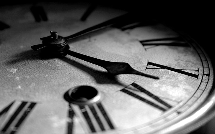 gray and black analog clock, hours, arrow, black white, vintage