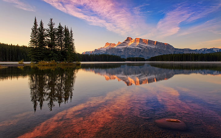 Banff National Park, Canada, Jack Lake, forest, mountains, sky, sunset, landscaping photography of grey mountain with trees and body of water
