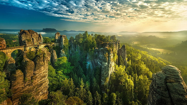 Bastei, bridge, cliff, Climbing, clouds, forest, Germany, Hill