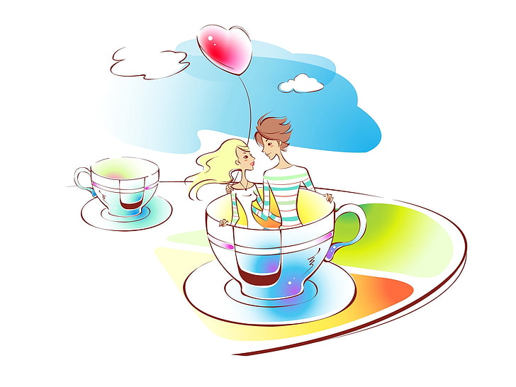 man and woman in cup illustration, couple, art, drawing, love, HD wallpaper