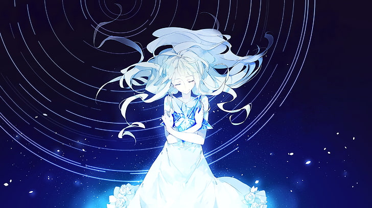 anime girl, space, closed eyes, happy face, stars, petals, blue