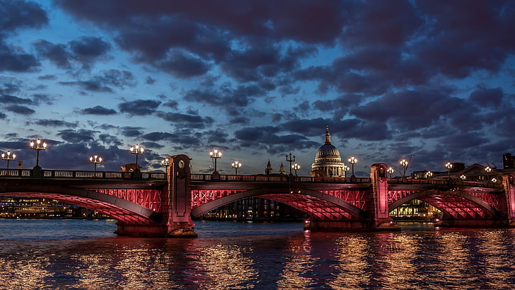 London, sky, night, cityscape, bridge, built structure, architecture, HD wallpaper