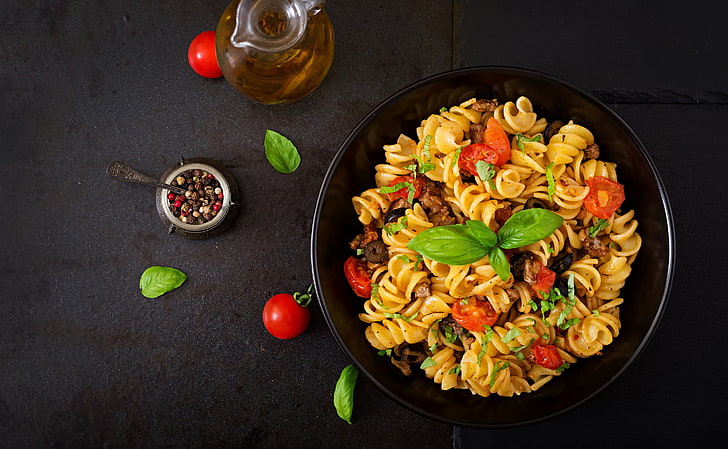 food, pasta, basil, olives, Pepper, tomatoes, food and drink
