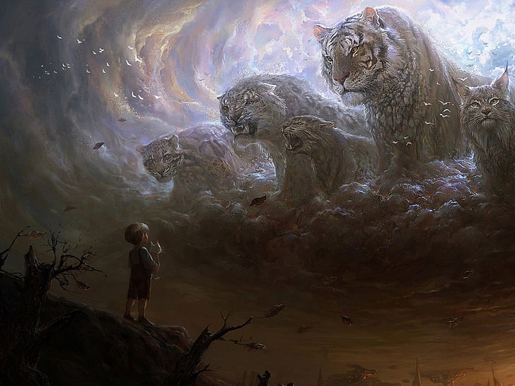 fantasy art, children, big cats, animals, one person, nature