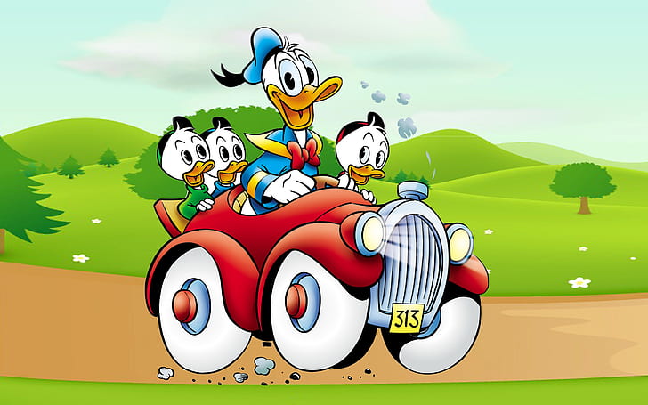 Donald Duck Cartoon Image Driving Car Country Road Desktop Hd Wallpapers For Mobile Phones And Computer 1920×1200