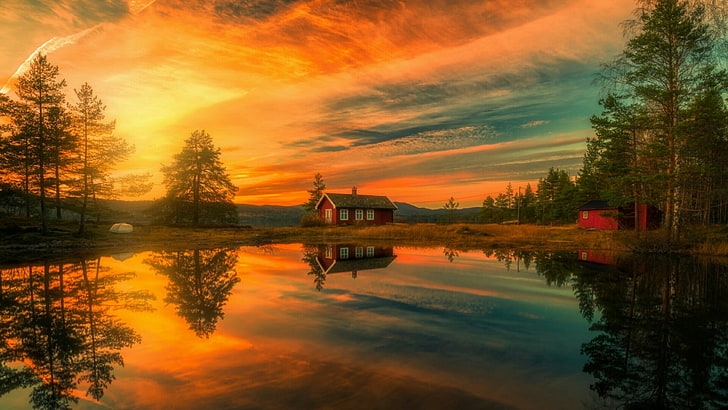 sunset, reflection, sky, nature, lake, wilderness, ringerike