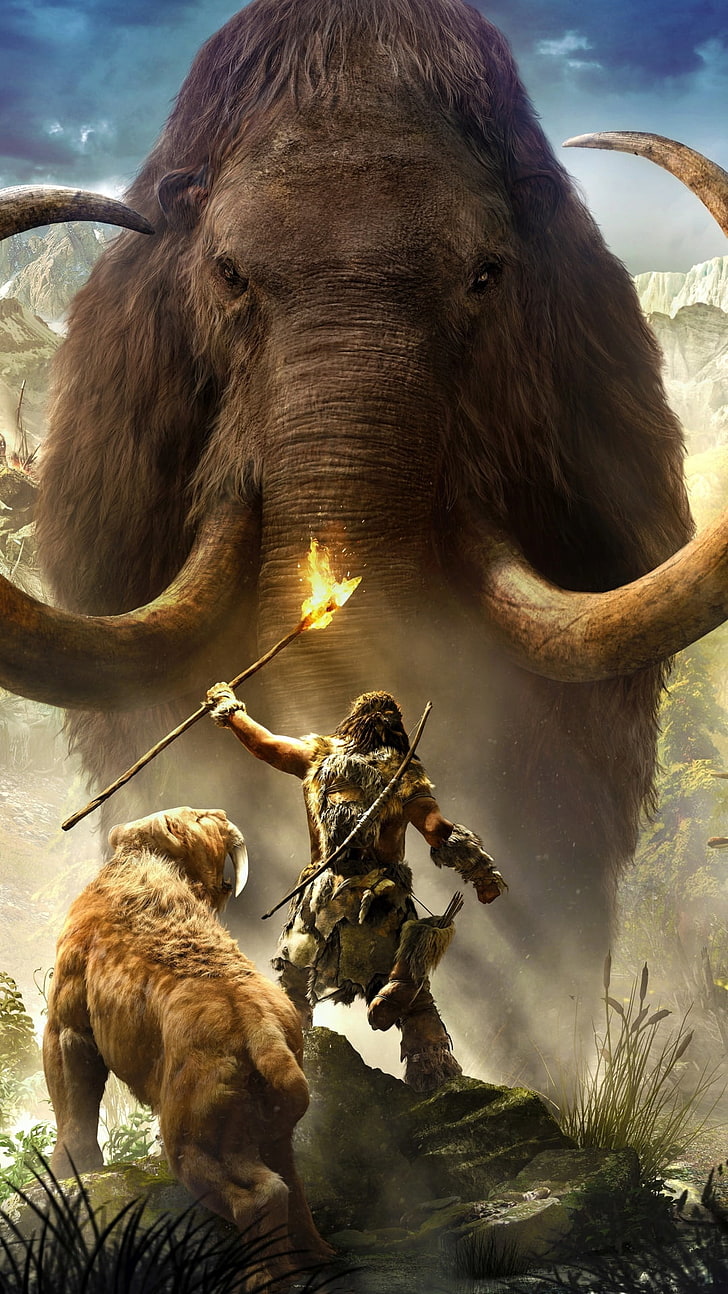 Far Cry Primal Game, man standing beside lion in front of mammoth wallpaper