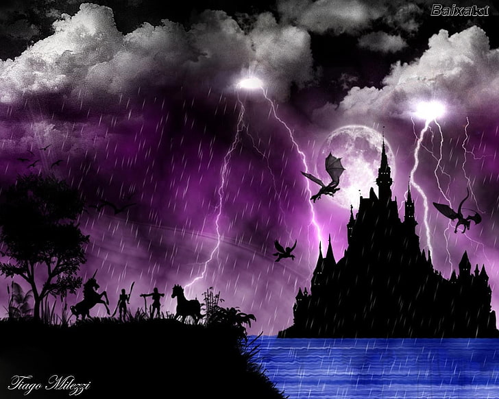dark, fantasy art, dragon, purple, artwork, storm, sky, cloud - sky, HD wallpaper