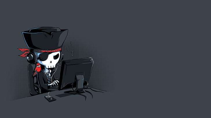 artwork of skeleton using computer, pirates, minimalism, skull