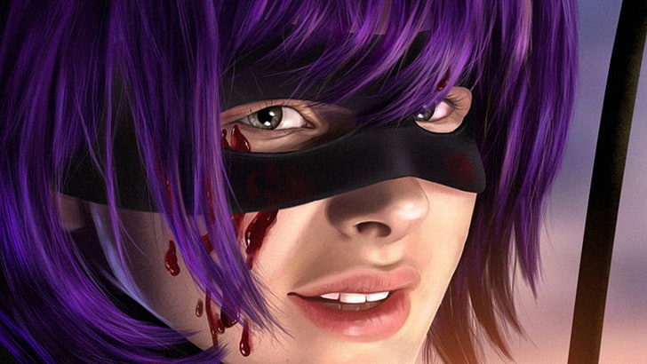 purple haired character and black mask, Kick-Ass, Hit Girl, portrait