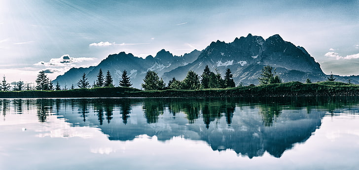 body of water, mountains, lake, photoshop, reflection, nature, HD wallpaper