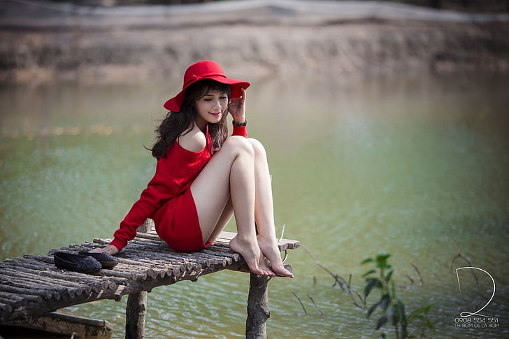 portrait, Asian, women, lagoon, millinery, red dress, barefoot