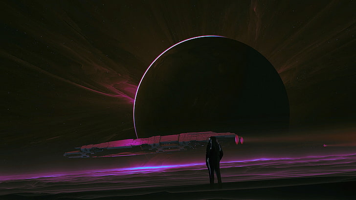 silhouette of man standing on dark field with spaceship during nighttime