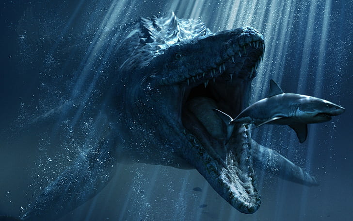 digital art drawing underwater shark sun rays blue sea bubbles teeth dinosaurs creature eating crocodiles jurassic world, HD wallpaper