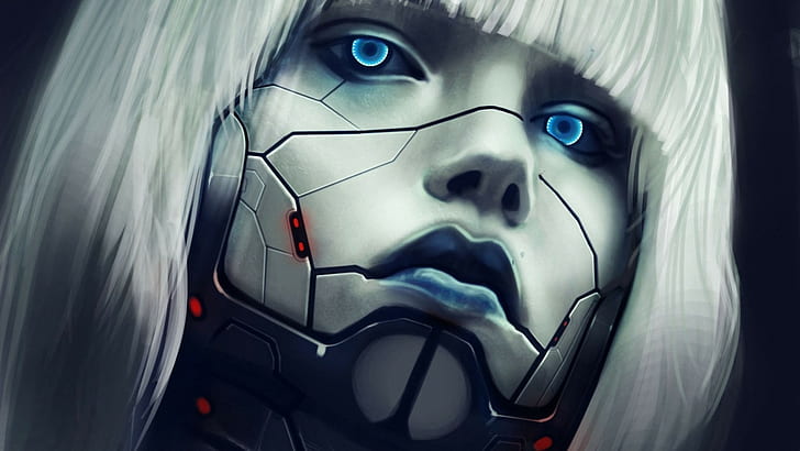 woman robot illustration, blue eyes, cyberpunk, cyborg, portrait