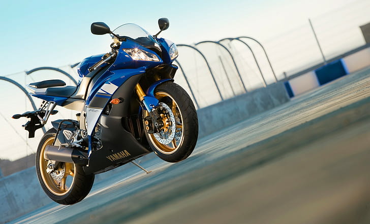 Yamaha, YZF-R6, blue and black sport bike, track, HD wallpaper