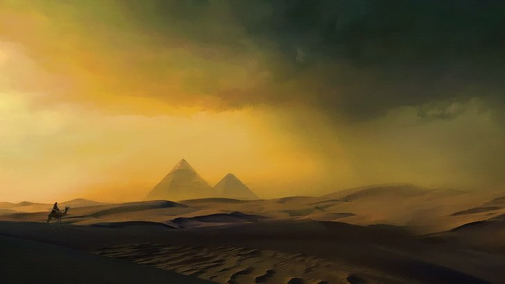 desert, artwork, pyramid, camels, sky, sunset, scenics - nature