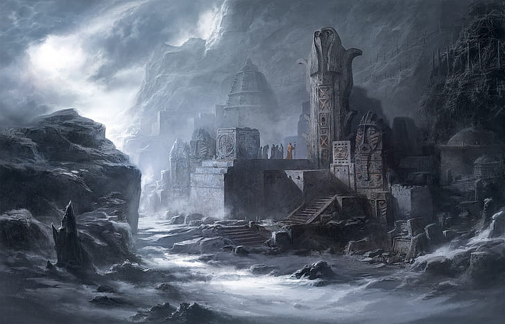 dark, fantasy, mountains, people, Temple, ruins, artwork, fantasy art, HD wallpaper