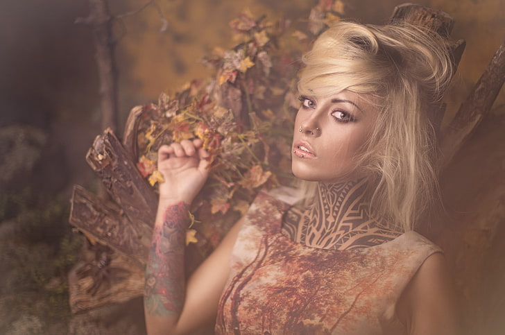 Teya Salat, women, blonde, tattoo, piercing, model, portrait, HD wallpaper