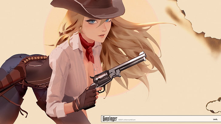 cowgirl, girls with guns, revolver, scarf, blonde, blue eyes