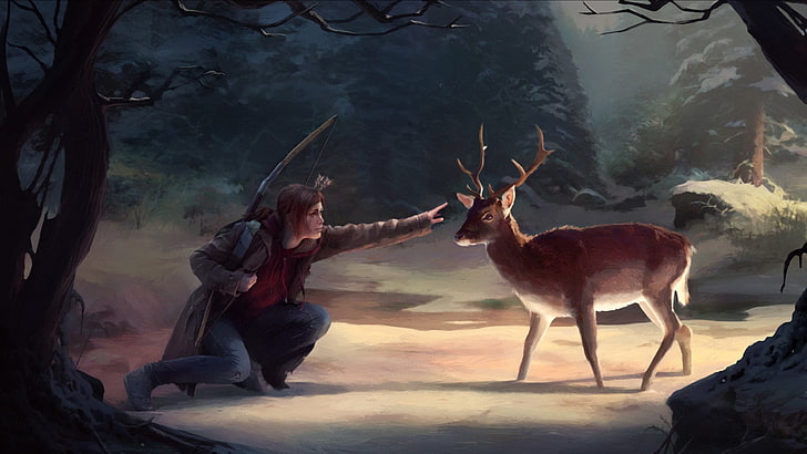 woman about to hold brown deer painting, video games, The Last of Us