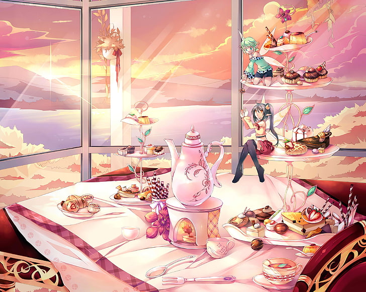 two fairies sitting on cupcake stand digital wallpaper, sea, flower