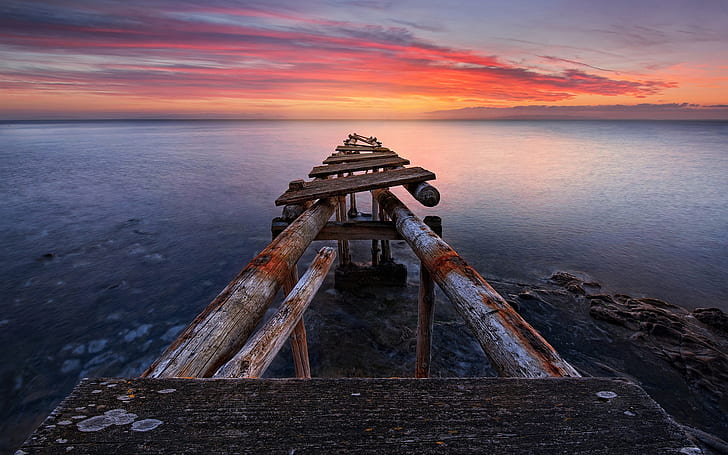 Italy, Tuscany, sea, old pier, sunset, red sky, HD wallpaper