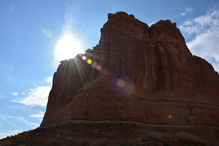 brown rock formation, Sun, sunlight, landscape, sky, low angle view, HD wallpaper