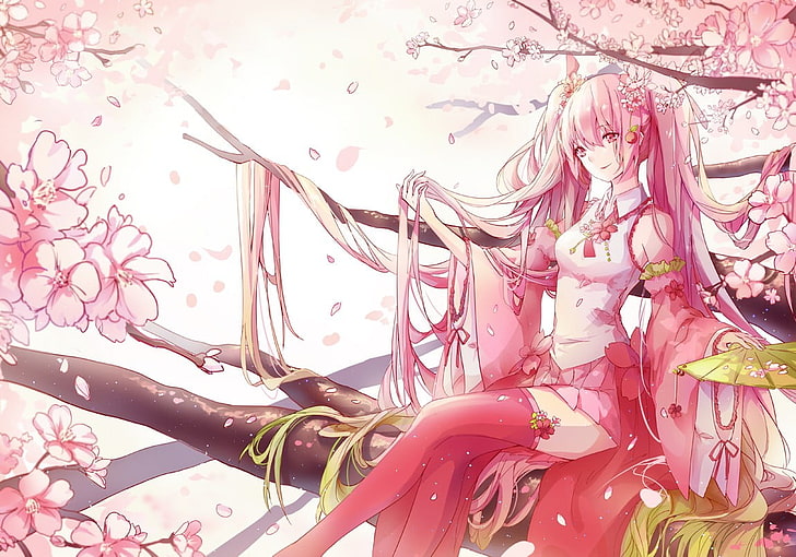 Vocaloid, Hatsune Miku, Sakura Miku, cherry trees, flower in hair, HD wallpaper