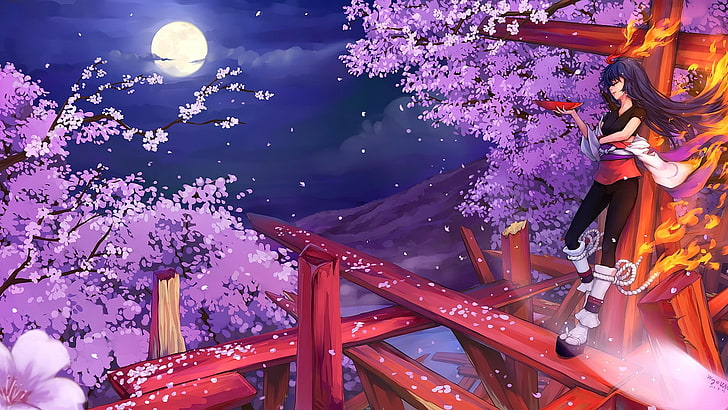 HD wallpaper: anime, anime girls, brunette, long hair, cherry blossom,  night | Wallpaper Flare