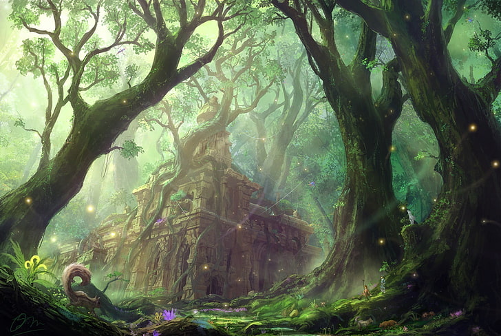 fantasy art, artwork, ruin, tree, plant, nature, forest, growth