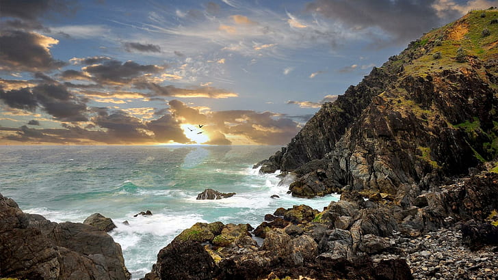 Awesome Byron Bay Australia, birds, shore, sunset, rocks, waves