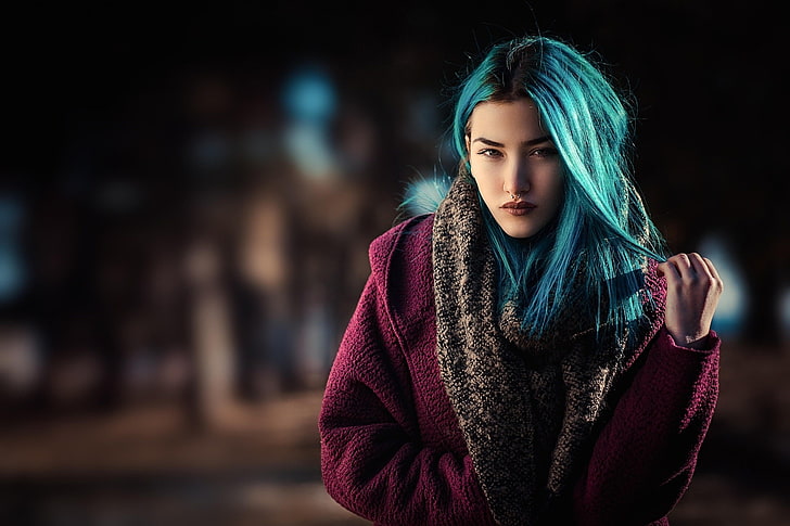 women, portrait, face, dyed hair, nose rings, depth of field