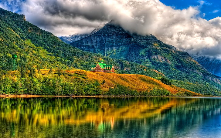 Clouds, mountains, house, forest, trees, lake, water reflection, HD wallpaper