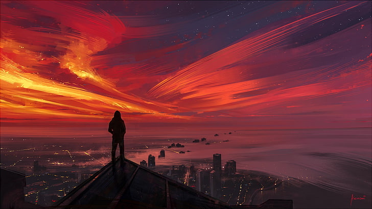 sunset, painting, looking into the distance, sky, dark, cityscape