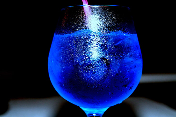 blue and white LED light, drinking glass, liquid, refreshment, HD wallpaper