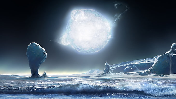 body of water painting, stars, ice, planet, space, digital art, HD wallpaper