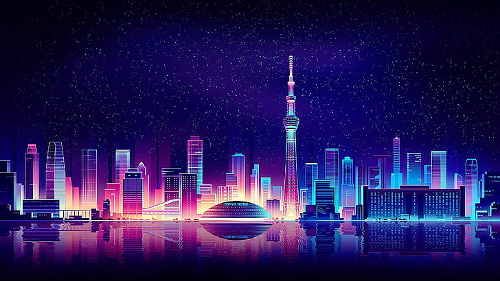 Neon City Skyline Cityscape Digital Art Landscape 4K Wallpaper 61052