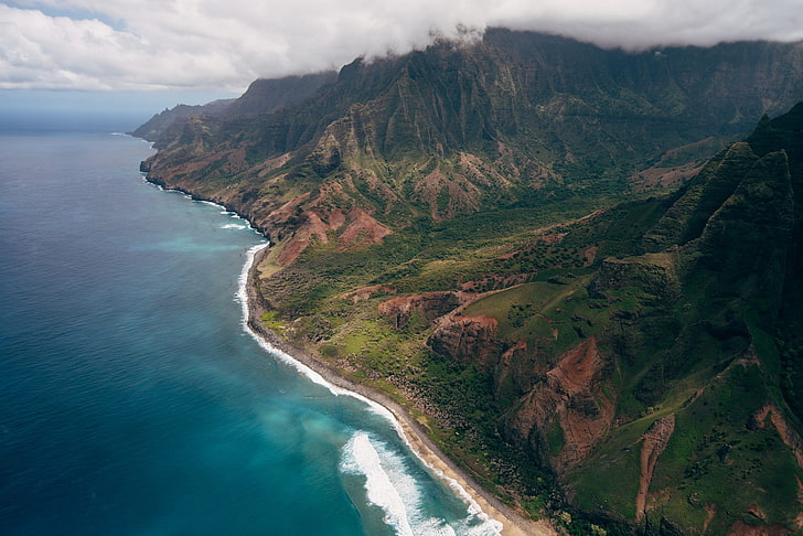 nature, Hawaii, landscape, mountains, clouds, water, aerial view, HD wallpaper