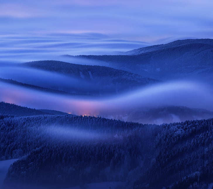 illustrt, Mountains, Foggy, Morning, Huawei Mate 10, Stock, HD HD wallpaper