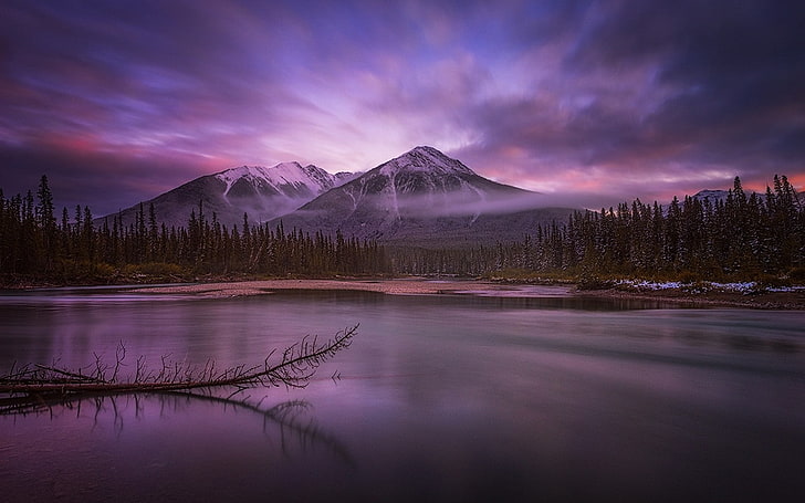 nature, landscape, calm, lake, mist, Banff National Park, mountains, HD wallpaper