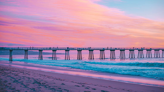 Hd Wallpaper Man Made Pier Beach California Pink Sea Water