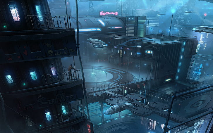 Futuristic city at night, dead space game part location, fantasy, HD wallpaper