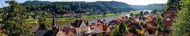 Germany, Europe, river, town, hills, mountains, water, grass