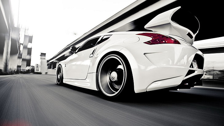 white coupe, car, Nissan, Nissan 370Z, motion blur, transportation, HD wallpaper