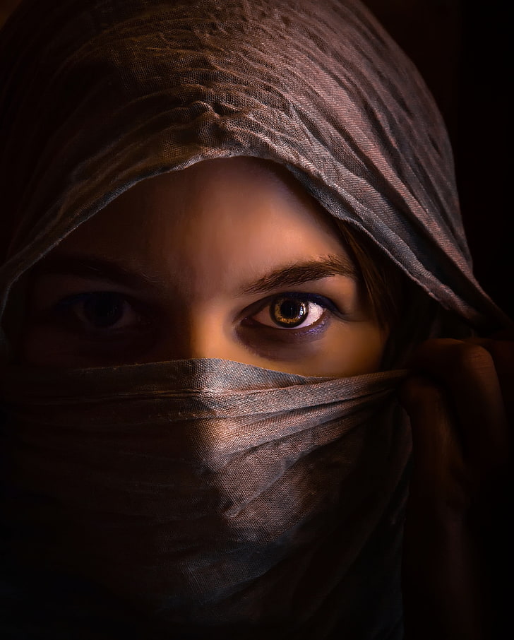 woman's gray hijab, eyes, girl, scarf, mysterious, women, religious Veil, HD wallpaper