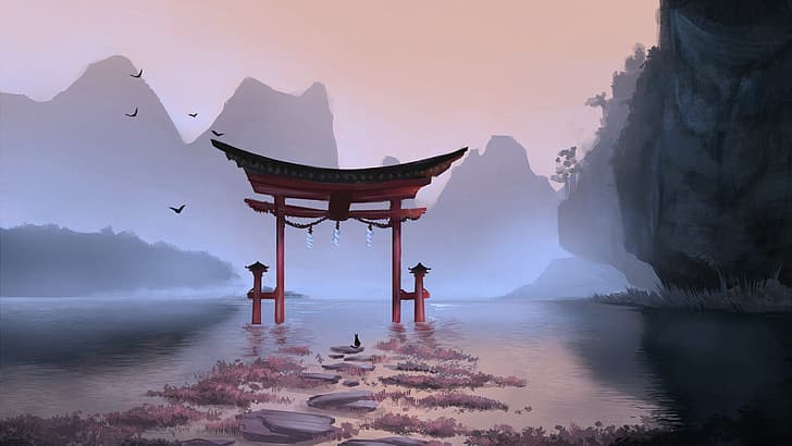 Laura Ortega, anime, torii, landscape, cats, lake, HD wallpaper